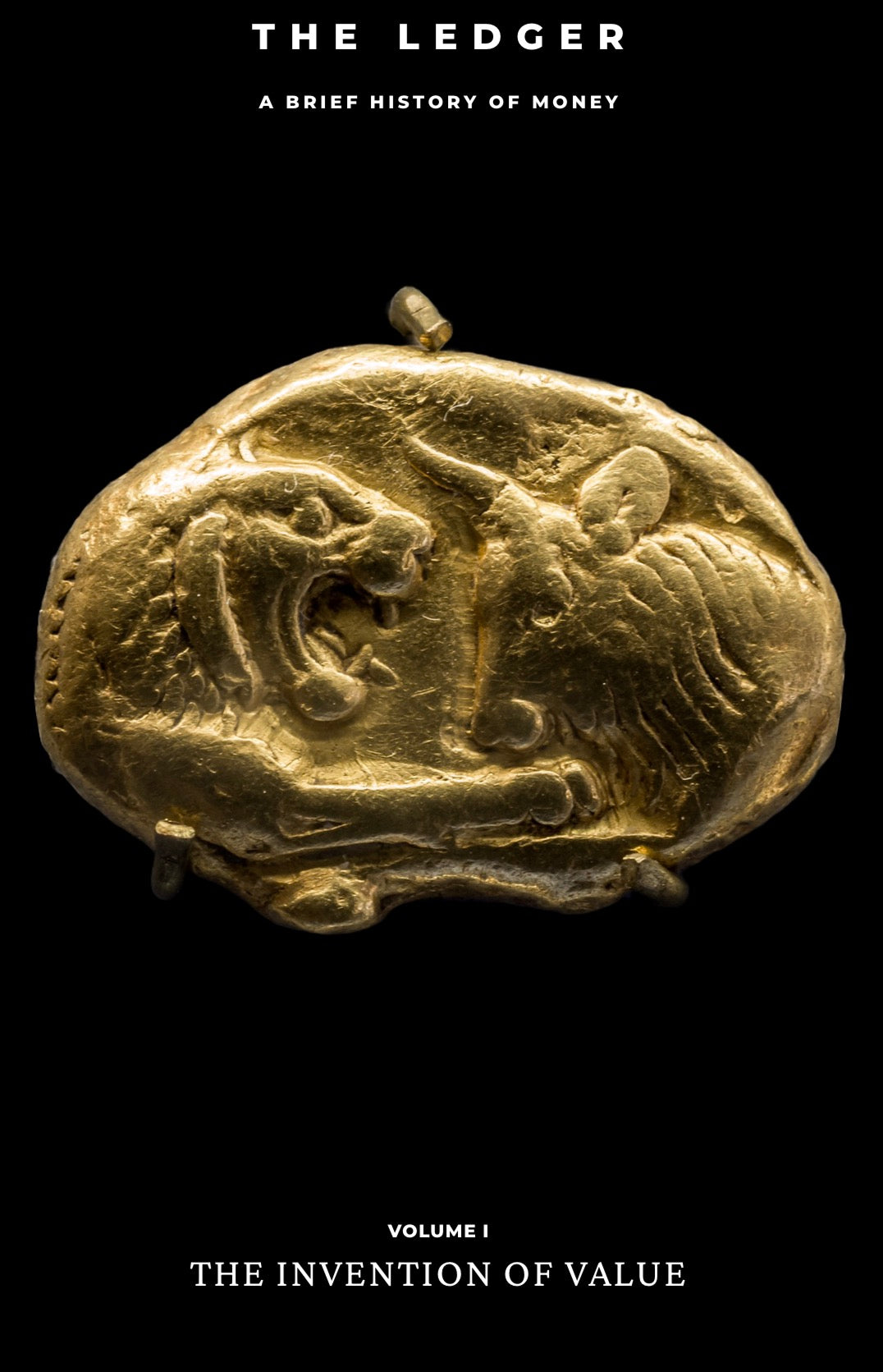 Gold coin with lion and eagle design on a black background, featuring 'The Ledger' publication title.